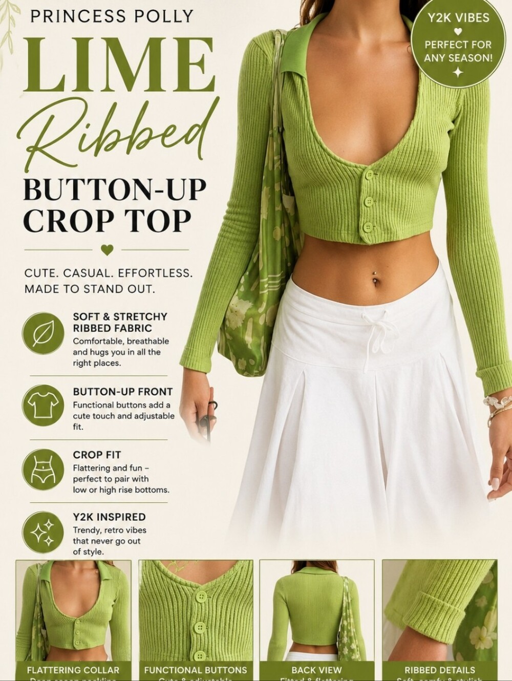 Princess Polly Lime Ribbed Button-Up Crop Top